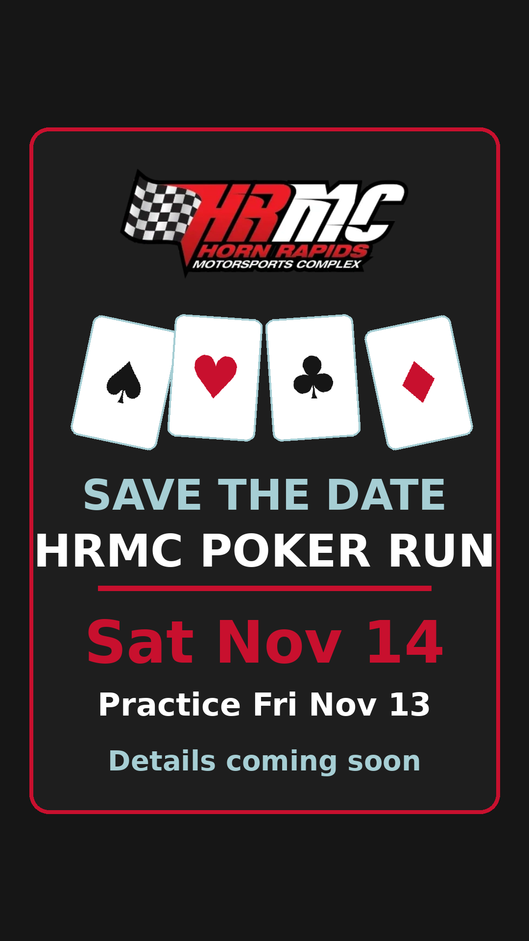 HRMC Poker Run save the date, Sat Nov 14